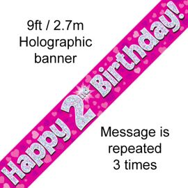9FT BANNER PINK HOLO HAPPY 2ND BIRTHDAY