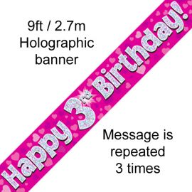 9FT BANNER PINK HOLO HAPPY 3RD BIRTHDAY
