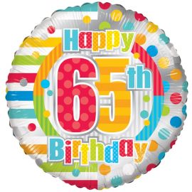 18 INCH HAPPY 65TH BIRTHDAY STRIPES & DOTS