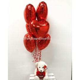 6 RED FOIL BALLOONS WITH LARGE TEDDY